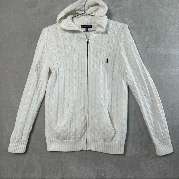 Vtg Ralph Lauren Cable Knit Full Zip Hoodie Sweater Womens XL White Preppy READ - Picture 1 of 13